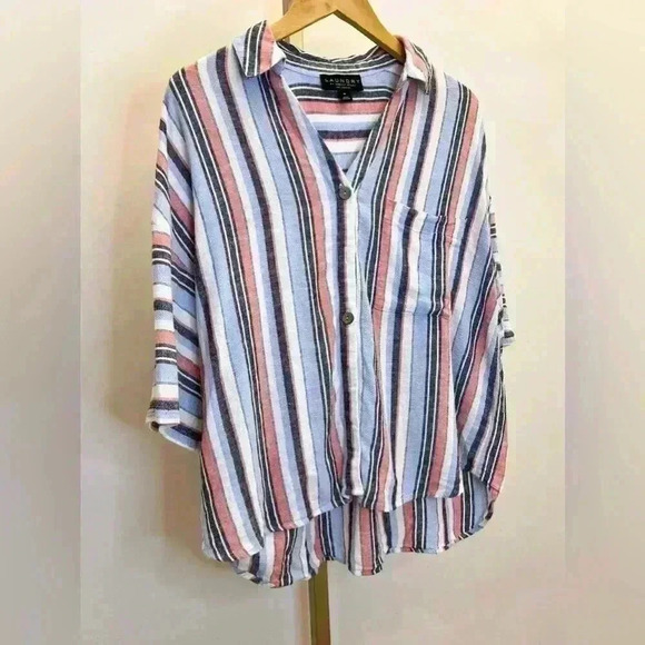 Women’s LAUNDRY by Shelli Segal Button Front Shirt in Blue Multi Stripe - Picture 4 of 13